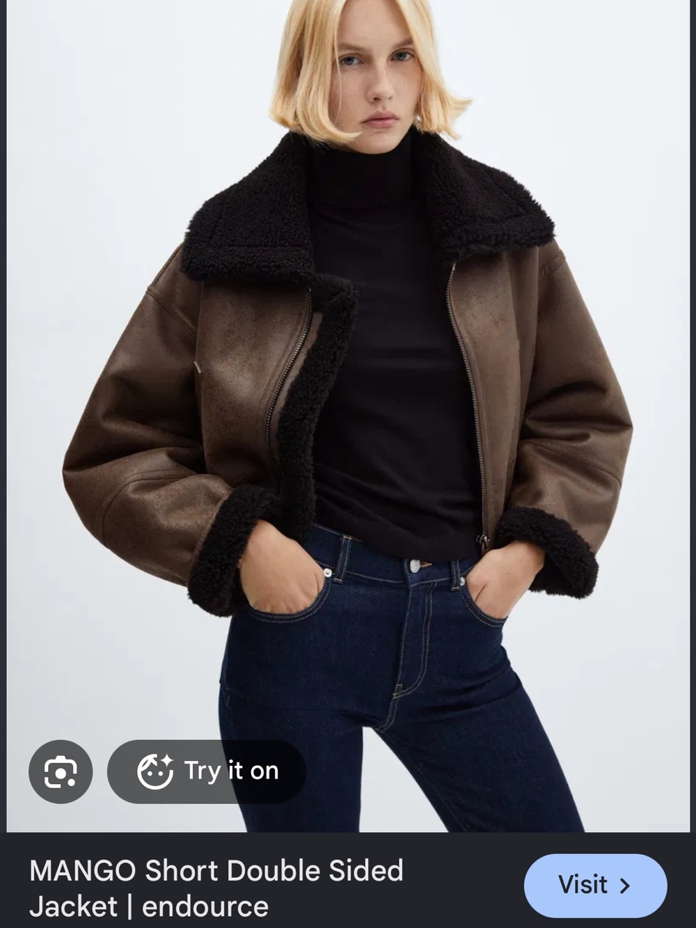 Mango Short Double-Sided Brown Jacket with Black Shearling Trim